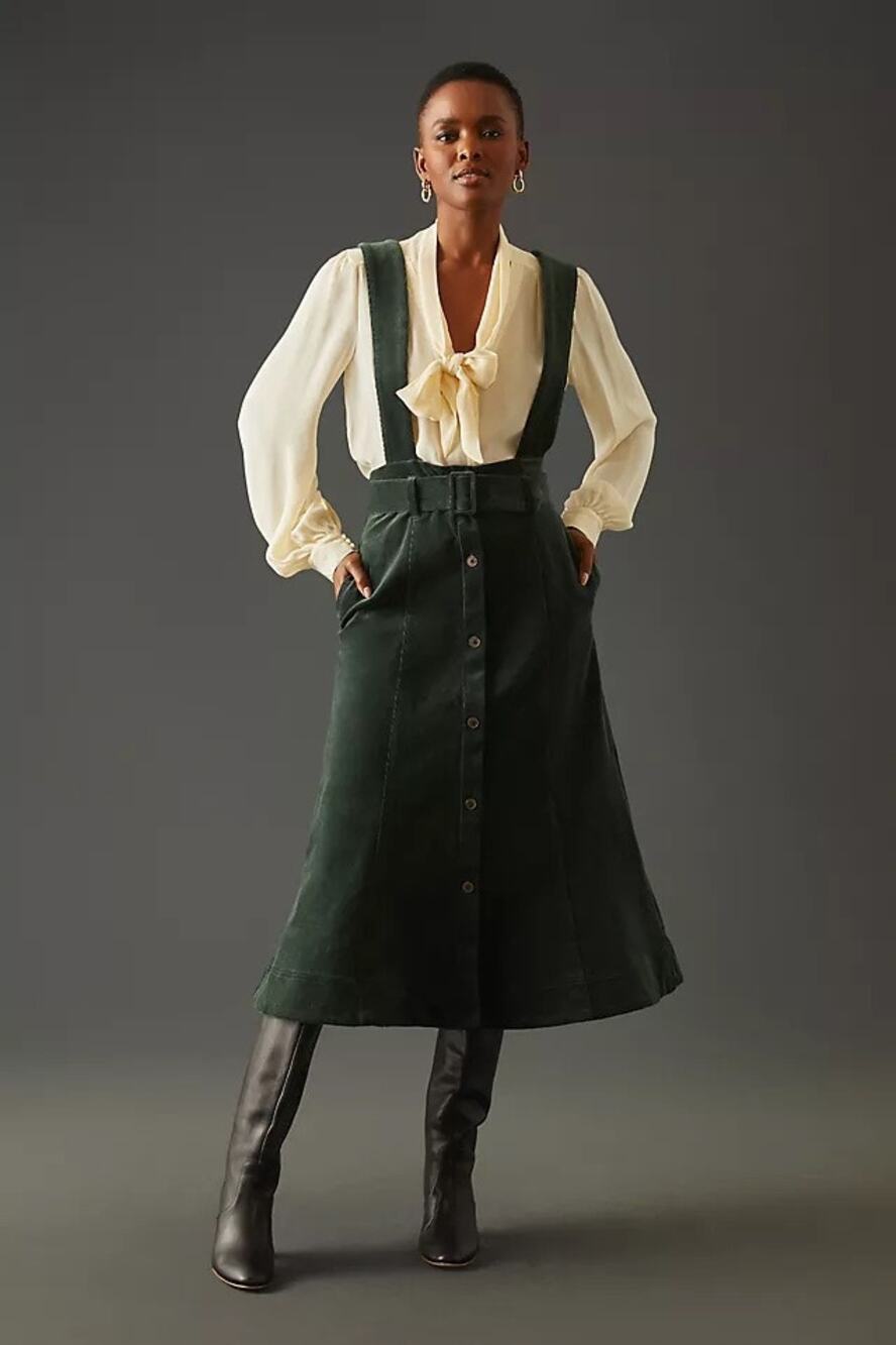 Maeve Corduroy Pinafore Skirt in Dark Green